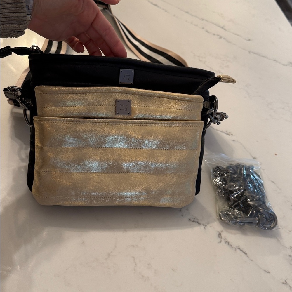 THINK ROLYN DOUBLE DECKER Gold and Black Quilted Crossbody Bag